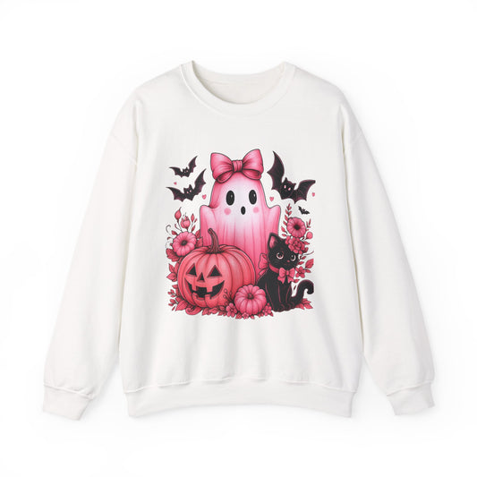 Pink Ghost & Pumpkin Halloween Crewneck Sweatshirt