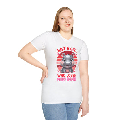 Just a Girl Who Loves Moo Deng Unisex Softstyle T-Shirt | Cute Hippo Tee, Animal Lover Shirt, Gift for Kids, Summer Wear, Birthday Present