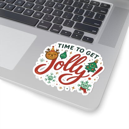 Time to Get Jolly! Christmas Kiss-Cut Sticker — Holiday Reindeer & Tree Decal