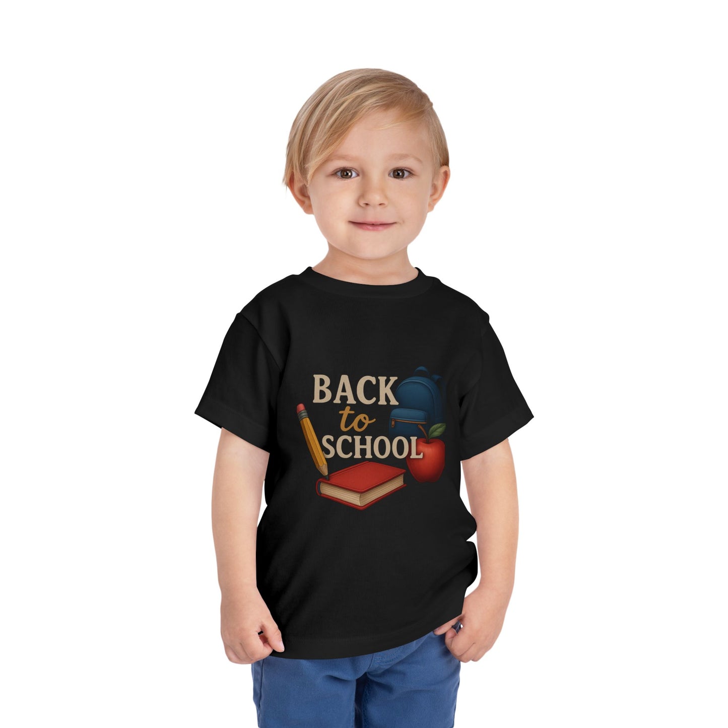 Toddler Tee Back to School Shirt with Backpack, Apple, Pencil, and Book Design