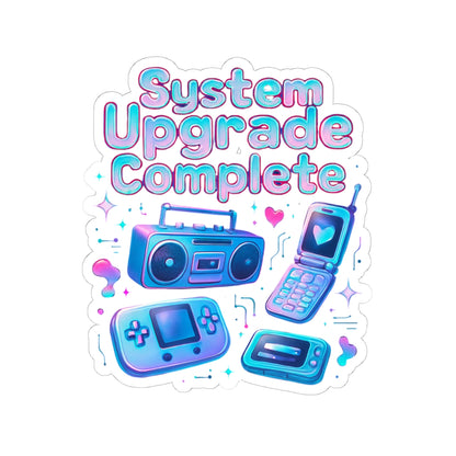 Retro Tech Kiss-Cut Sticker – "System Upgrade Complete" Vaporwave Gaming Laptop Decal