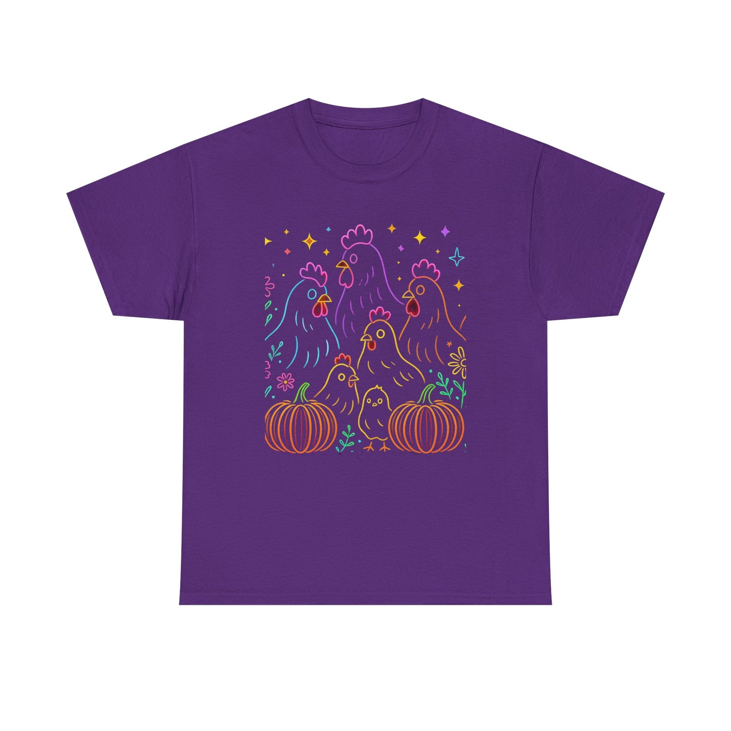 🌻 Autumn Chickens & Pumpkins Tee – Colorful Farm Harvest Shirt
