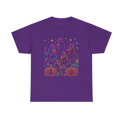 🌻 Autumn Chickens & Pumpkins Tee – Colorful Farm Harvest Shirt