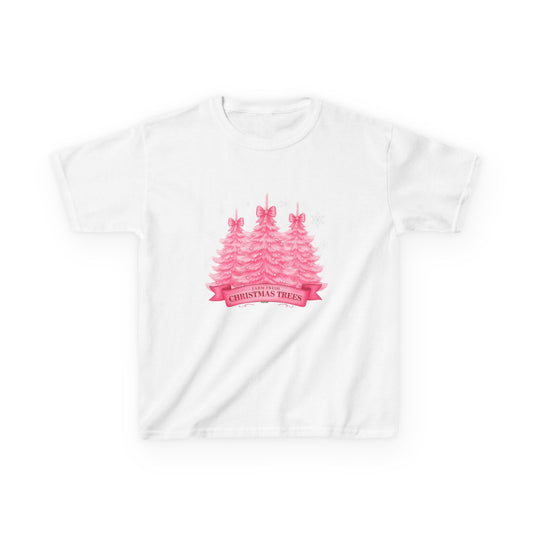 Pink Farm Fresh Christmas Tree Dino Tee - Kids Holiday Shirt