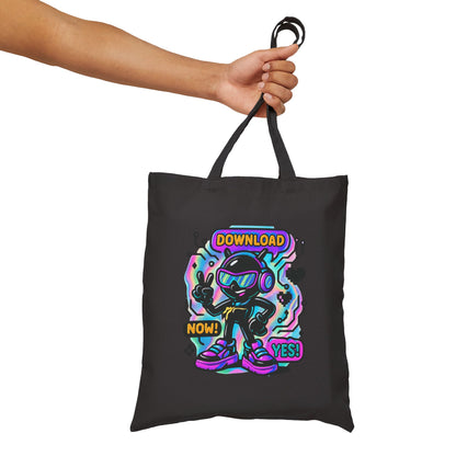 Retro Cyber Mascot Tote Bag — "Download Now! Yes!" Neon Gamer Canvas Tote