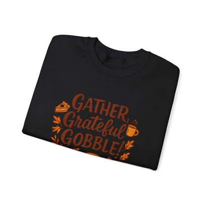 Thanksgiving Sweatshirt — "Gather, Grateful, Gobble!" Crewneck with Turkey & Pumpkin Design