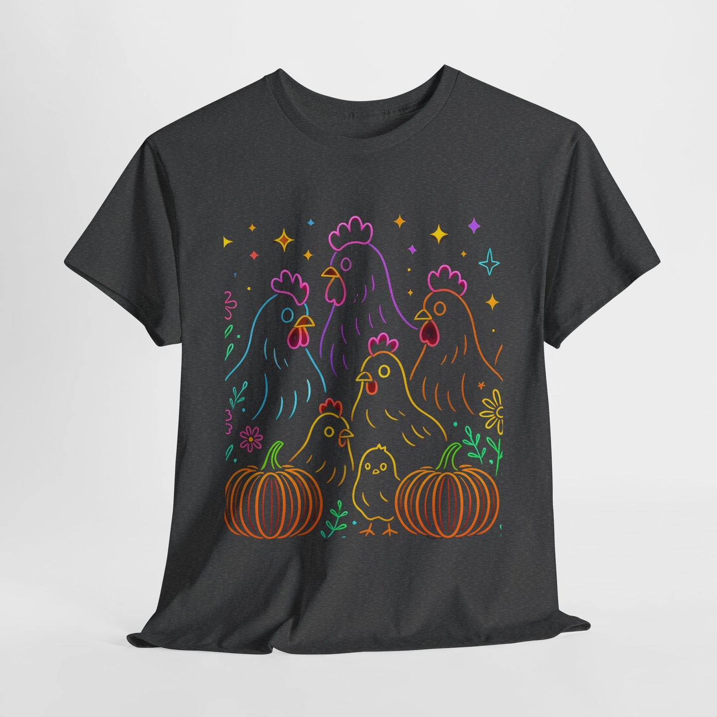 🌻 Autumn Chickens & Pumpkins Tee – Colorful Farm Harvest Shirt