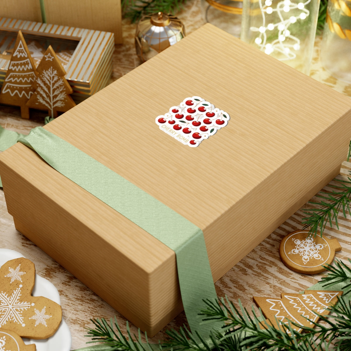 Cherry Bomb Kiss-Cut Sticker — Retro Red Cherry Pattern