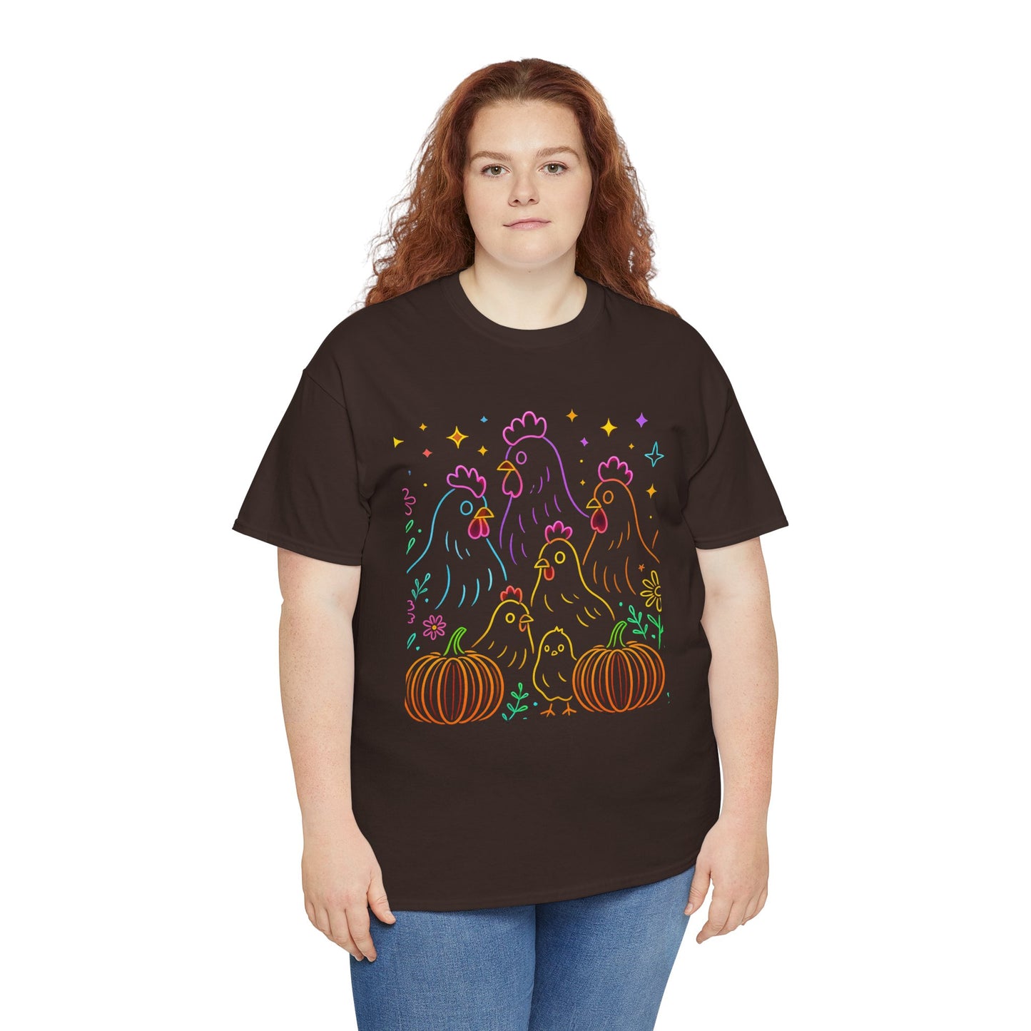 🌻 Autumn Chickens & Pumpkins Tee – Colorful Farm Harvest Shirt