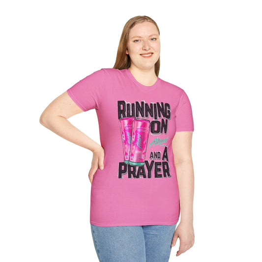 Running on a Prayer T-Shirt, Unisex Graphic Tee, Fun Casual Wear, Gift for Friends, Everyday Style, Faith-Inspired Apparel