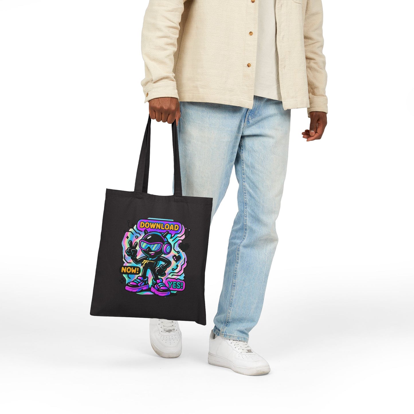 Retro Cyber Mascot Tote Bag — "Download Now! Yes!" Neon Gamer Canvas Tote