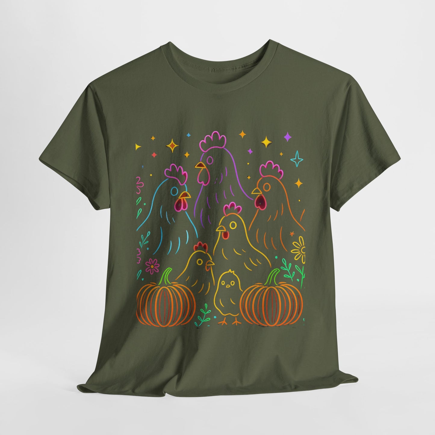 🌻 Autumn Chickens & Pumpkins Tee – Colorful Farm Harvest Shirt