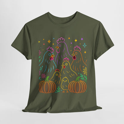 🌻 Autumn Chickens & Pumpkins Tee – Colorful Farm Harvest Shirt