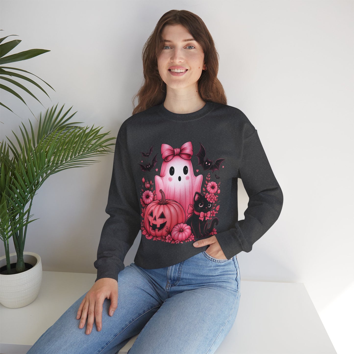 Pink Ghost & Pumpkin Halloween Crewneck Sweatshirt