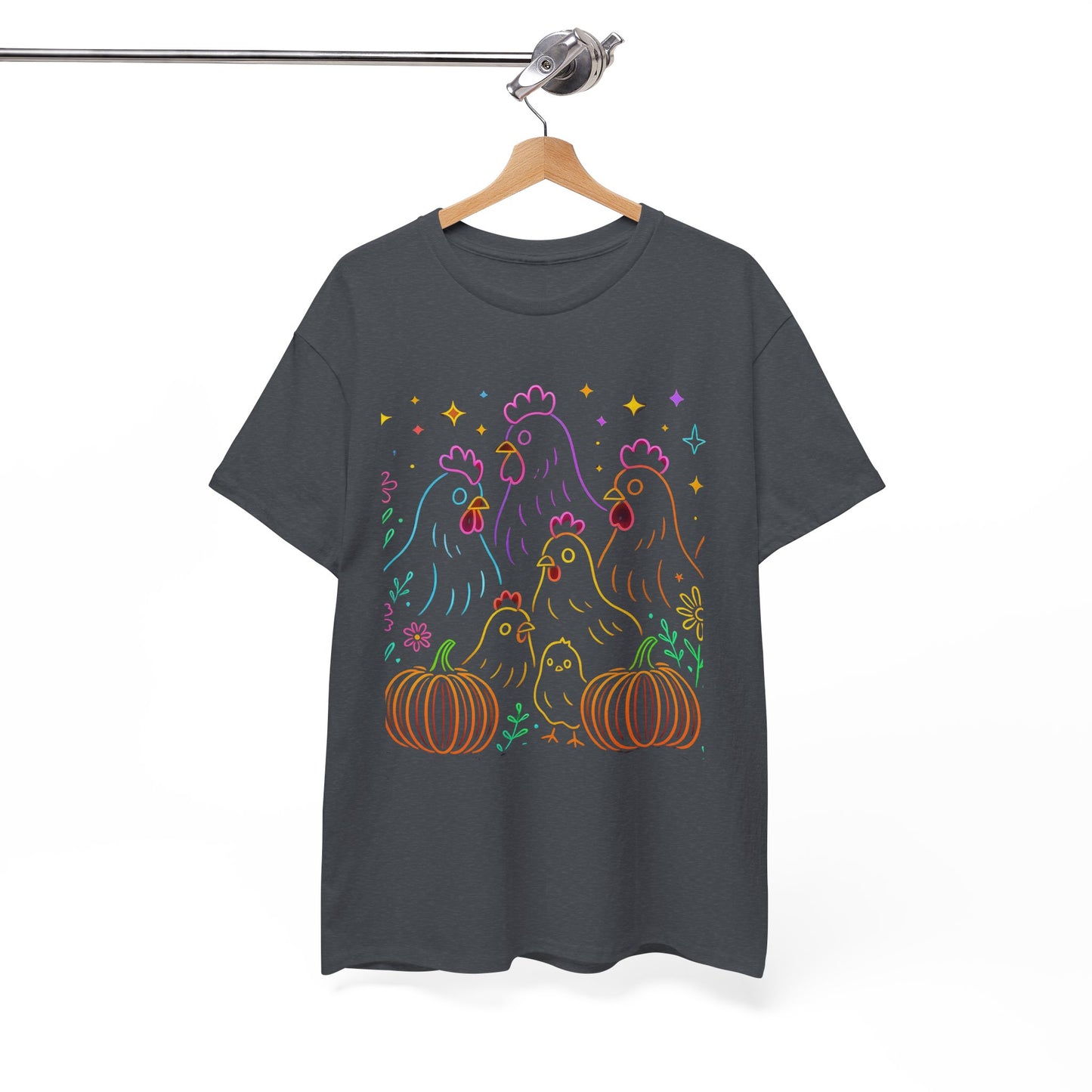 🌻 Autumn Chickens & Pumpkins Tee – Colorful Farm Harvest Shirt
