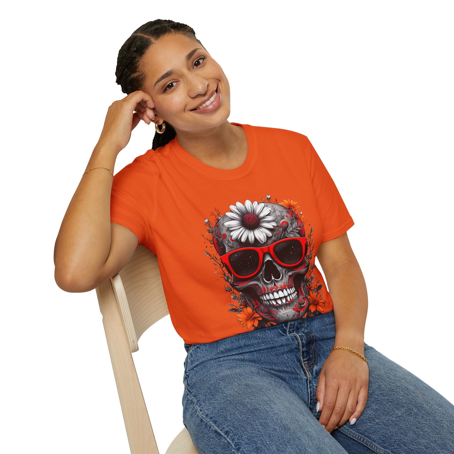 Skull & Flower Graphic T-Shirt, Unisex Casual Tee, Edgy Fashion Wear, Festival Outfit, Gift for Halloween & Day of the Dead