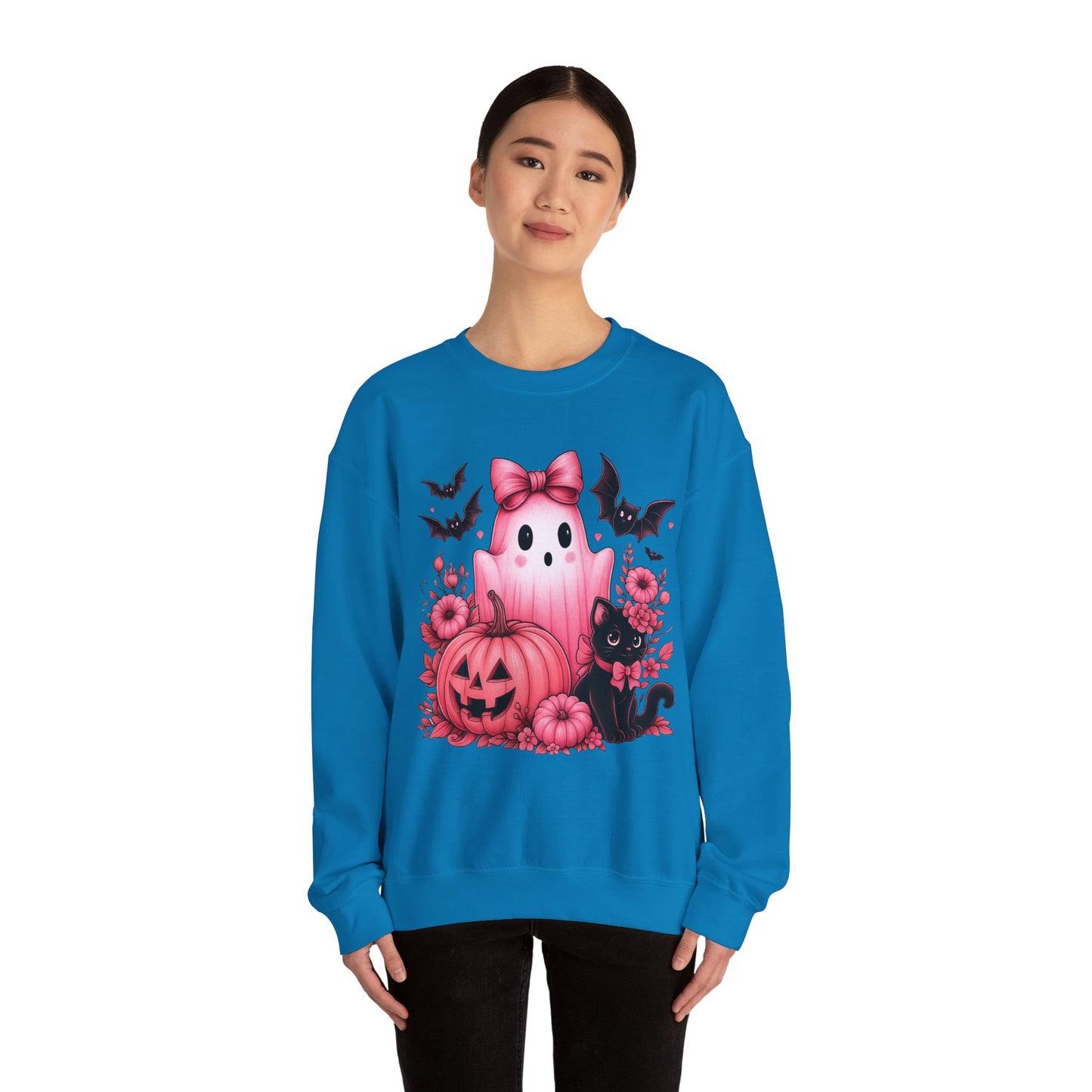 Pink Ghost & Pumpkin Halloween Crewneck Sweatshirt