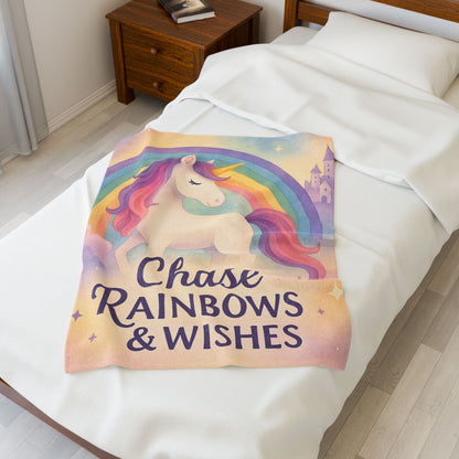 Unicorn Rainbow Plush Blanket, Cozy Kids Blanket, Soft Velveteen Throw, Magical Nursery Decor, Chase Rainbows & Wishes
