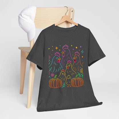 🌻 Autumn Chickens & Pumpkins Tee – Colorful Farm Harvest Shirt