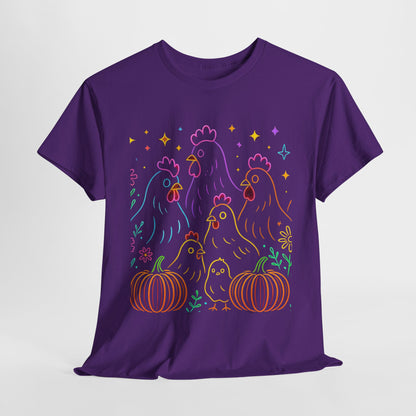 🌻 Autumn Chickens & Pumpkins Tee – Colorful Farm Harvest Shirt