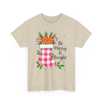 Pink Gingham Stocking Christmas Tee - Be Merry & Bright