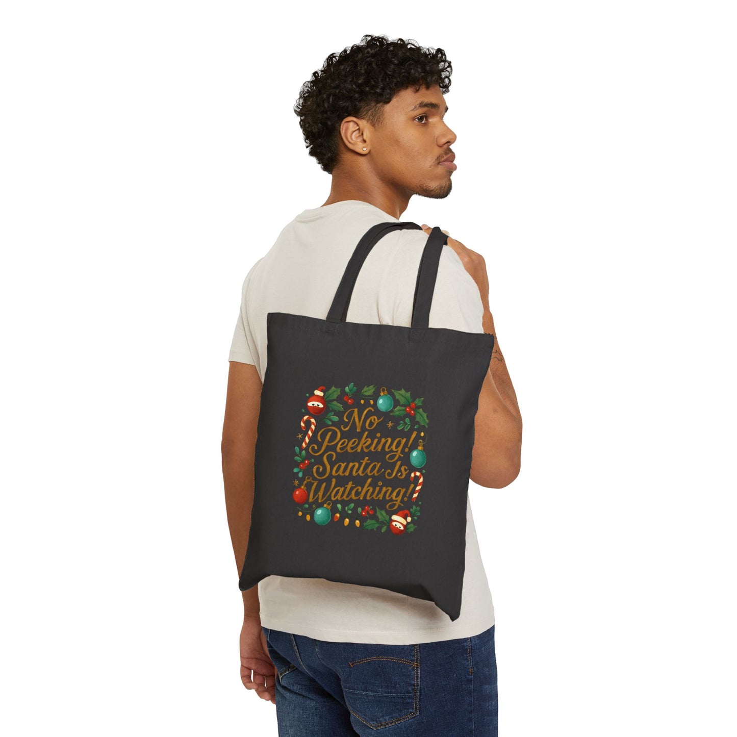 Tote Bag — "No Peeking! Santa Is Watching" Christmas Canvas Tote