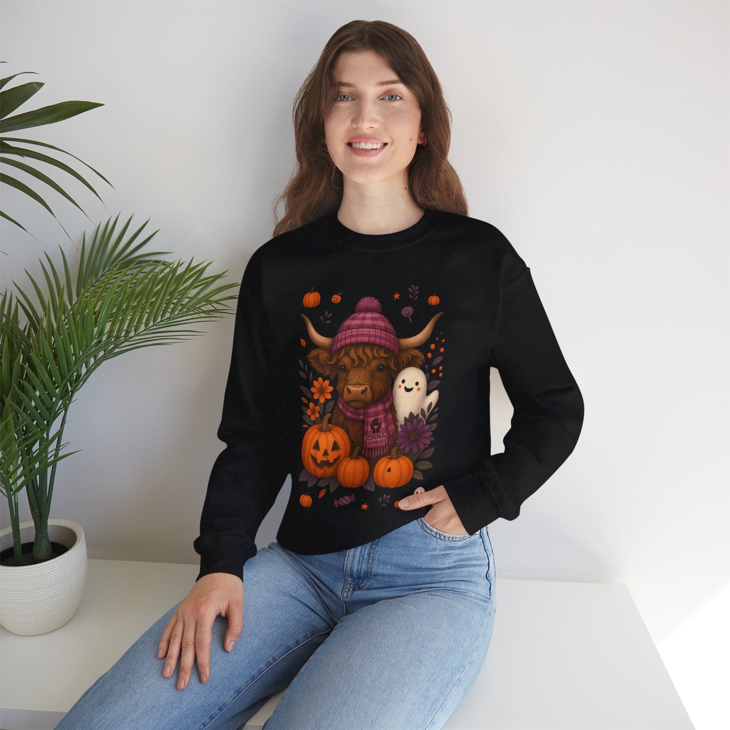 Highland Cow & Ghost Halloween Crewneck Sweatshirt