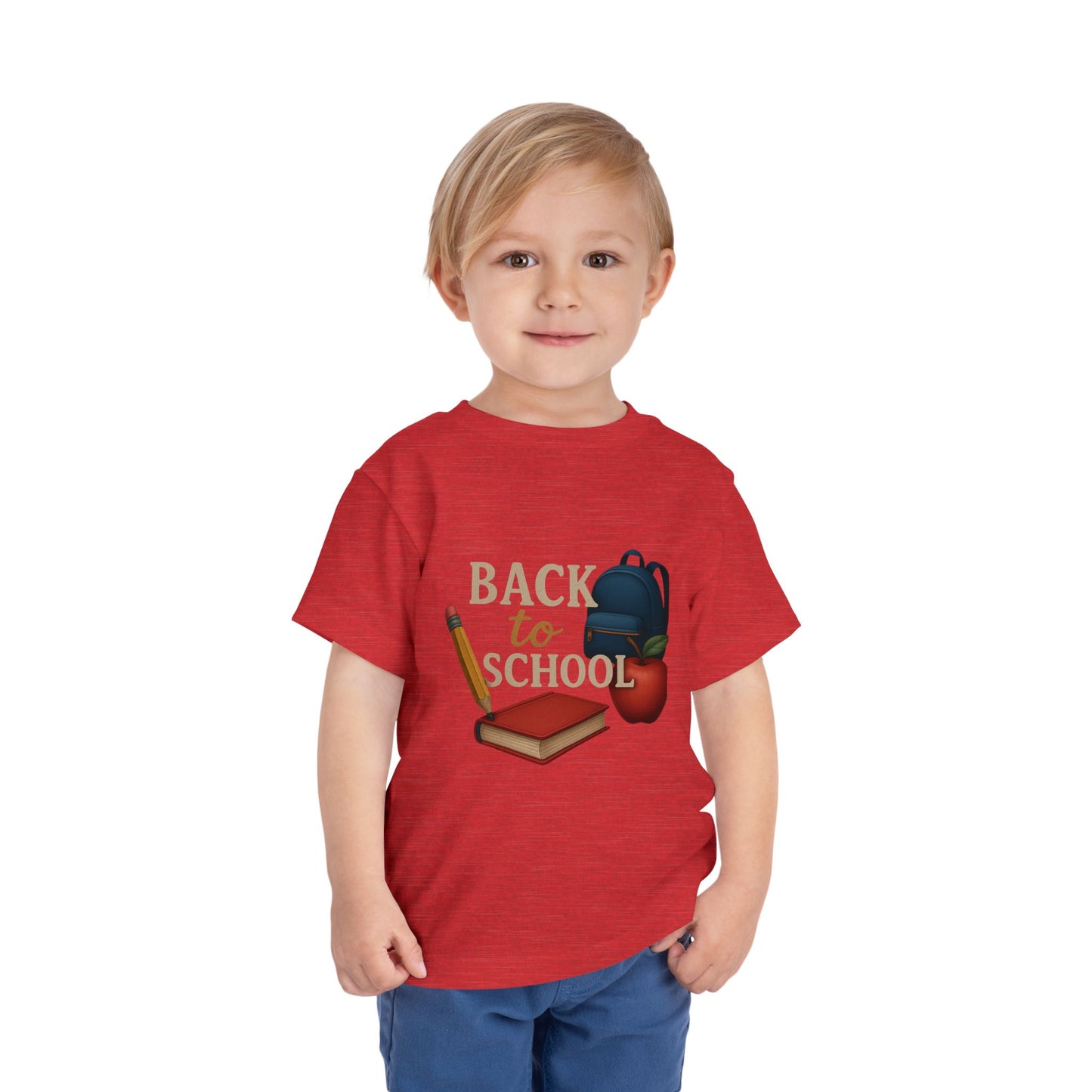 Toddler Tee Back to School Shirt with Backpack, Apple, Pencil, and Book Design
