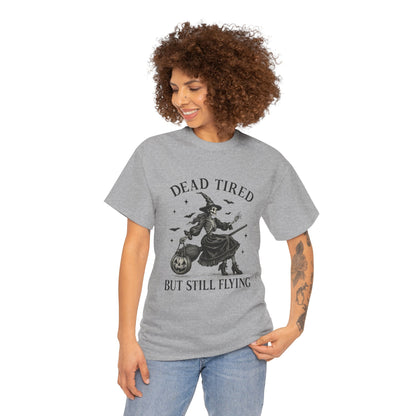 Dead Tired But Flying Skeleton Witch Halloween Tee