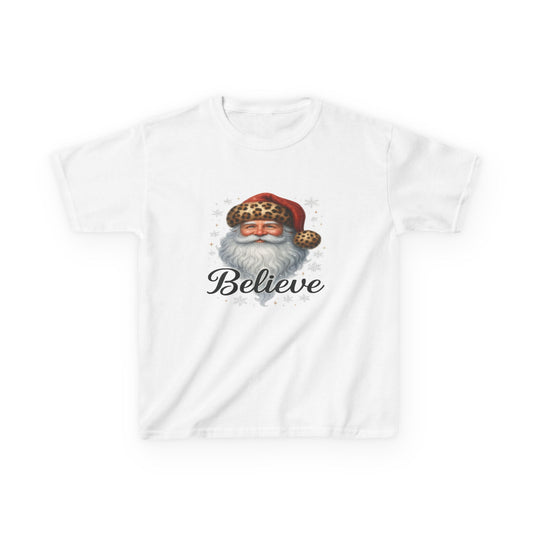 Leopard Print Santa 'Believe' Kids Christmas Tee