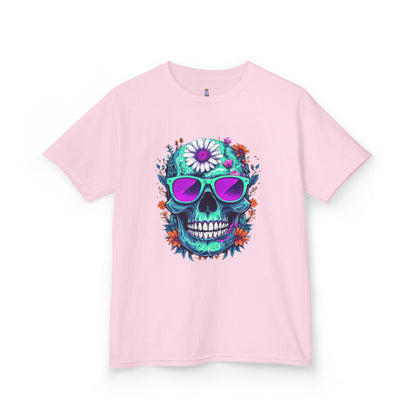Vibrant Skull Youth Tee, Colorful T-Shirt for Festivals, Birthday Gift, Summer Wear, Unique Graphic Tee