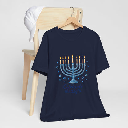 Hanukkah Menorah Tee — "Celebrate the Light" Holiday T‑Shirt