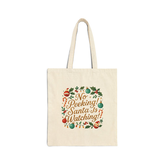 Tote Bag — "No Peeking! Santa Is Watching" Christmas Canvas Tote
