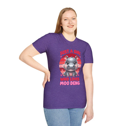 Just a Girl Who Loves Moo Deng Unisex Softstyle T-Shirt | Cute Hippo Tee, Animal Lover Shirt, Gift for Kids, Summer Wear, Birthday Present
