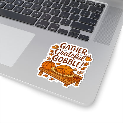 Thanksgiving 'Gather, Grateful, Gobble!' Kiss-Cut Sticker — Fall Turkey & Pumpkin Design