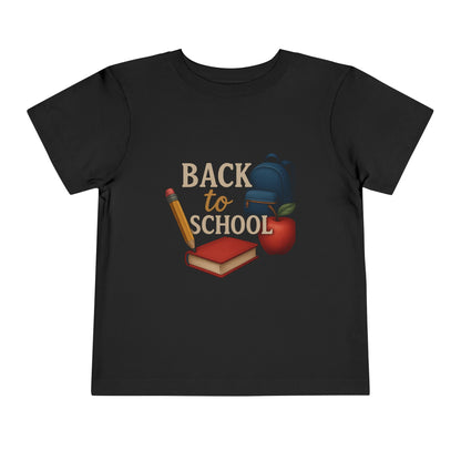 Toddler Tee Back to School Shirt with Backpack, Apple, Pencil, and Book Design
