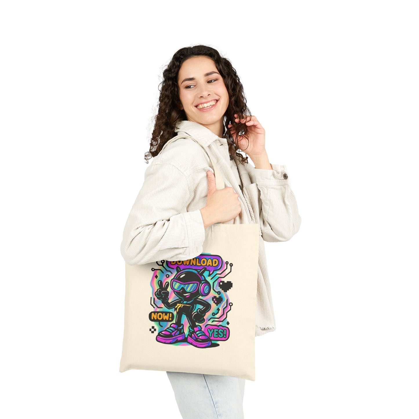 Retro Cyber Mascot Tote Bag — "Download Now! Yes!" Neon Gamer Canvas Tote
