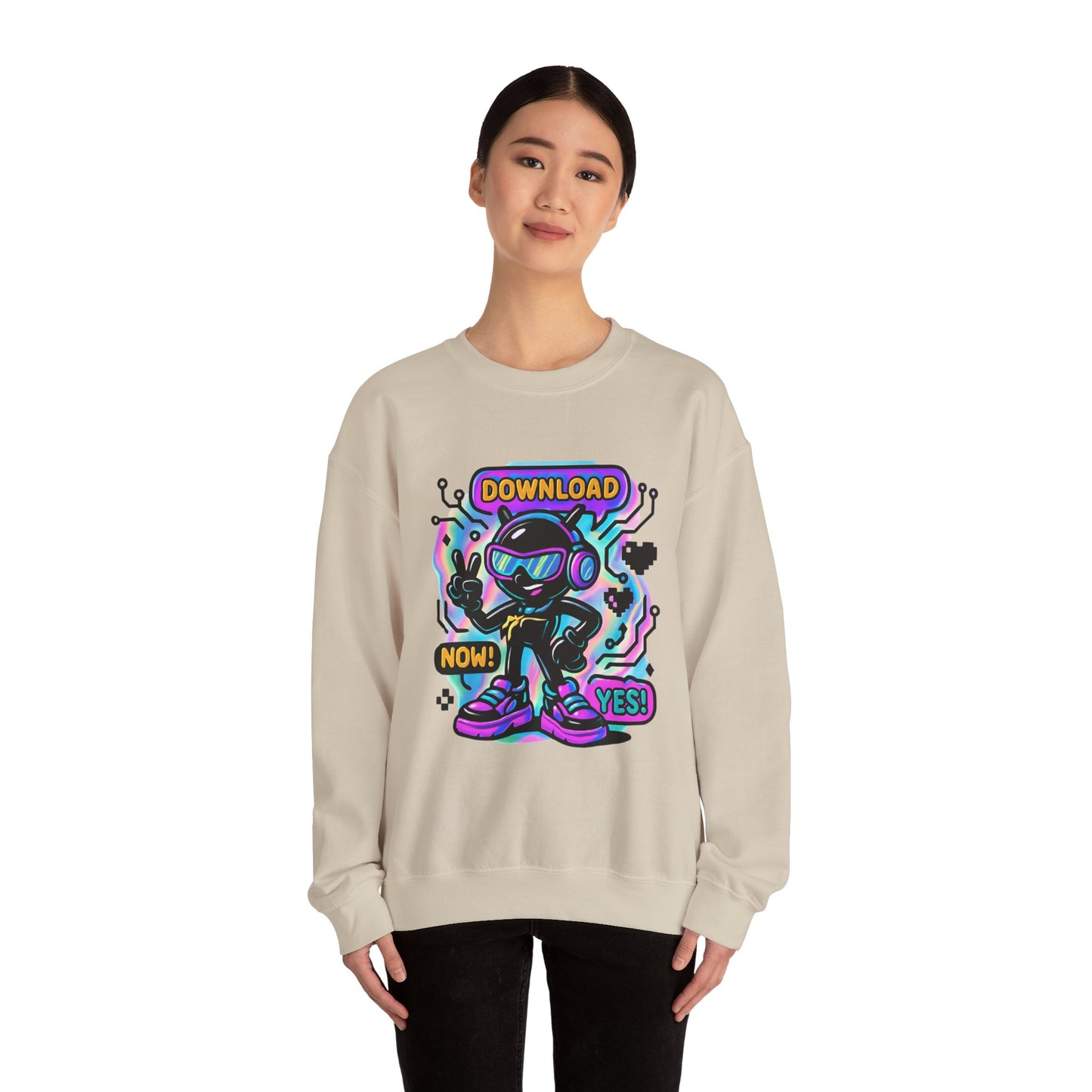 Retro Cyber Alien 'Download Now! Yes!' Crewneck Sweatshirt
