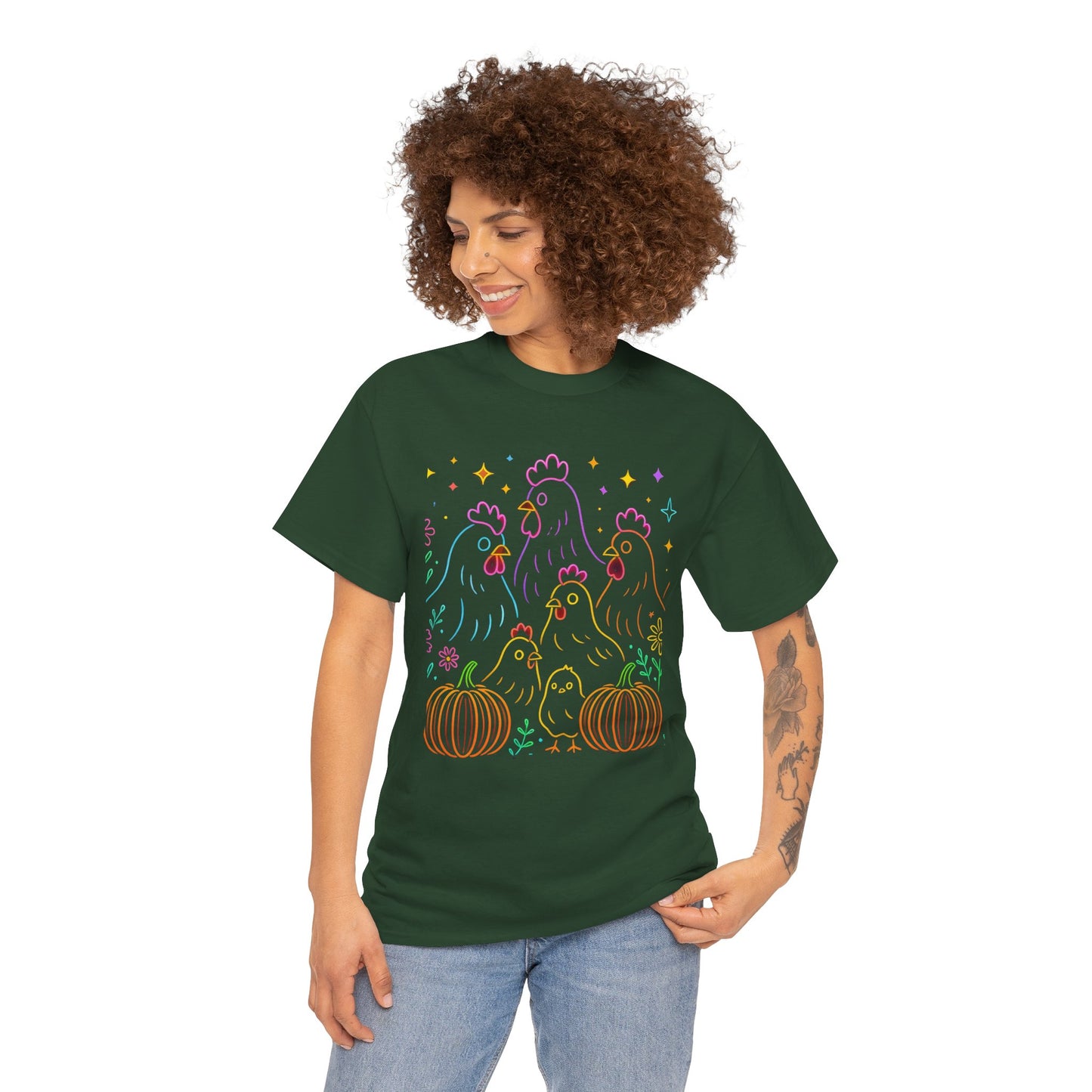 🌻 Autumn Chickens & Pumpkins Tee – Colorful Farm Harvest Shirt