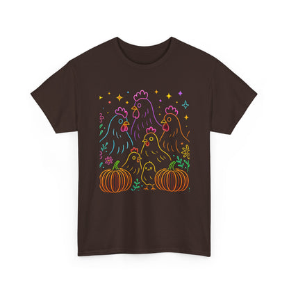 🌻 Autumn Chickens & Pumpkins Tee – Colorful Farm Harvest Shirt