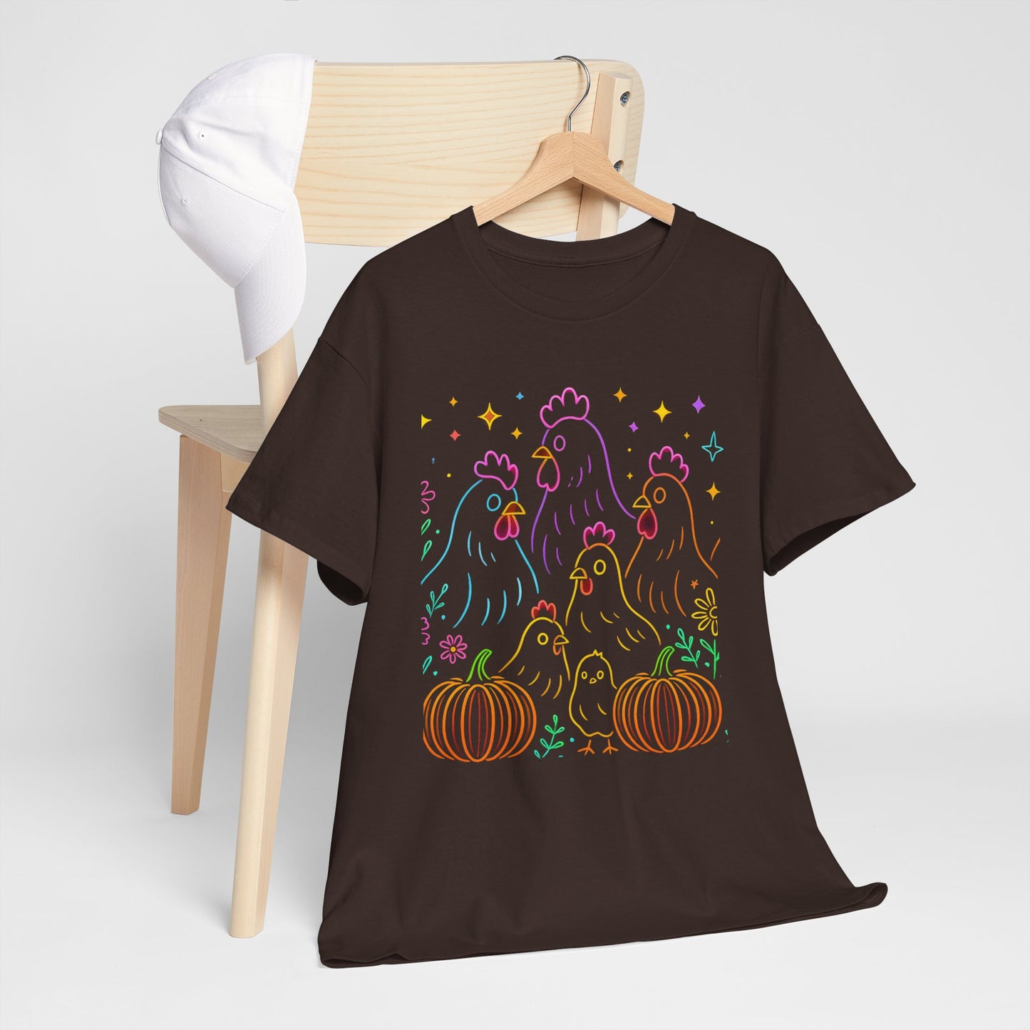 🌻 Autumn Chickens & Pumpkins Tee – Colorful Farm Harvest Shirt