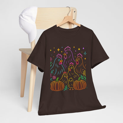 🌻 Autumn Chickens & Pumpkins Tee – Colorful Farm Harvest Shirt