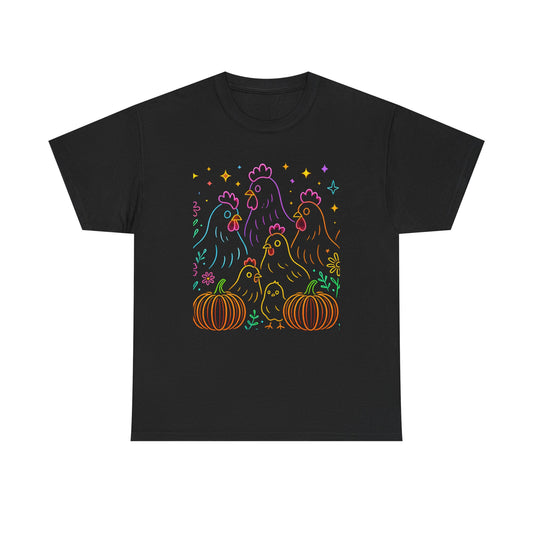 🌻 Autumn Chickens & Pumpkins Tee – Colorful Farm Harvest Shirt