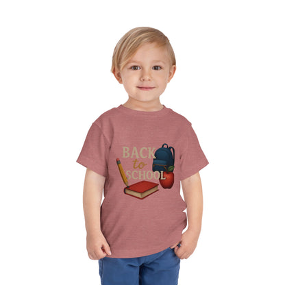 Toddler Tee Back to School Shirt with Backpack, Apple, Pencil, and Book Design