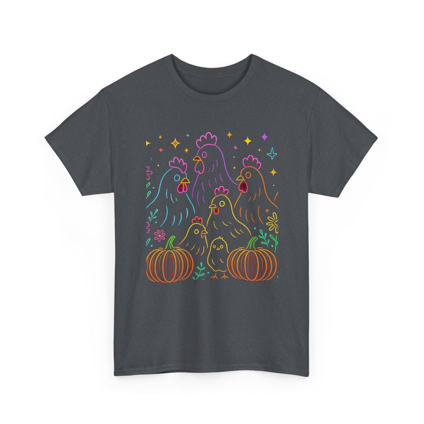 🌻 Autumn Chickens & Pumpkins Tee – Colorful Farm Harvest Shirt