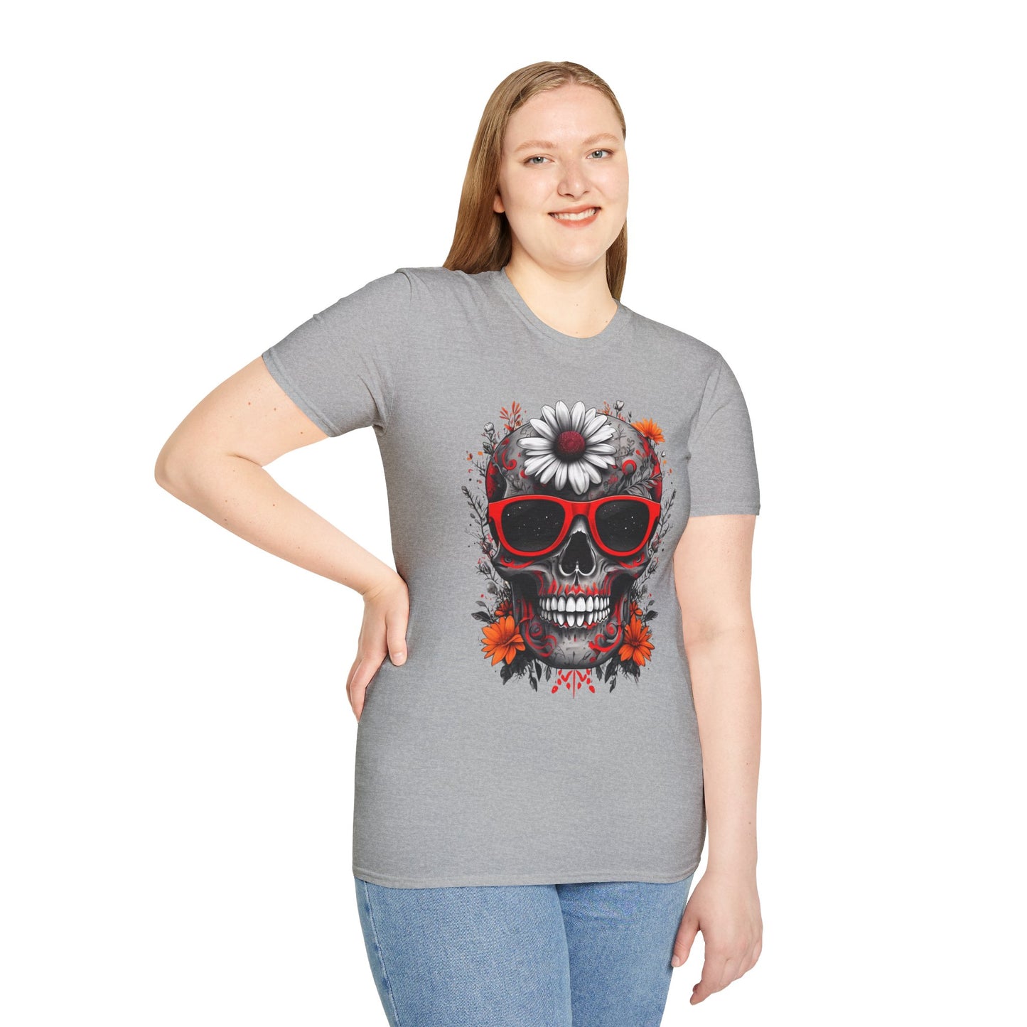 Skull & Flower Graphic T-Shirt, Unisex Casual Tee, Edgy Fashion Wear, Festival Outfit, Gift for Halloween & Day of the Dead