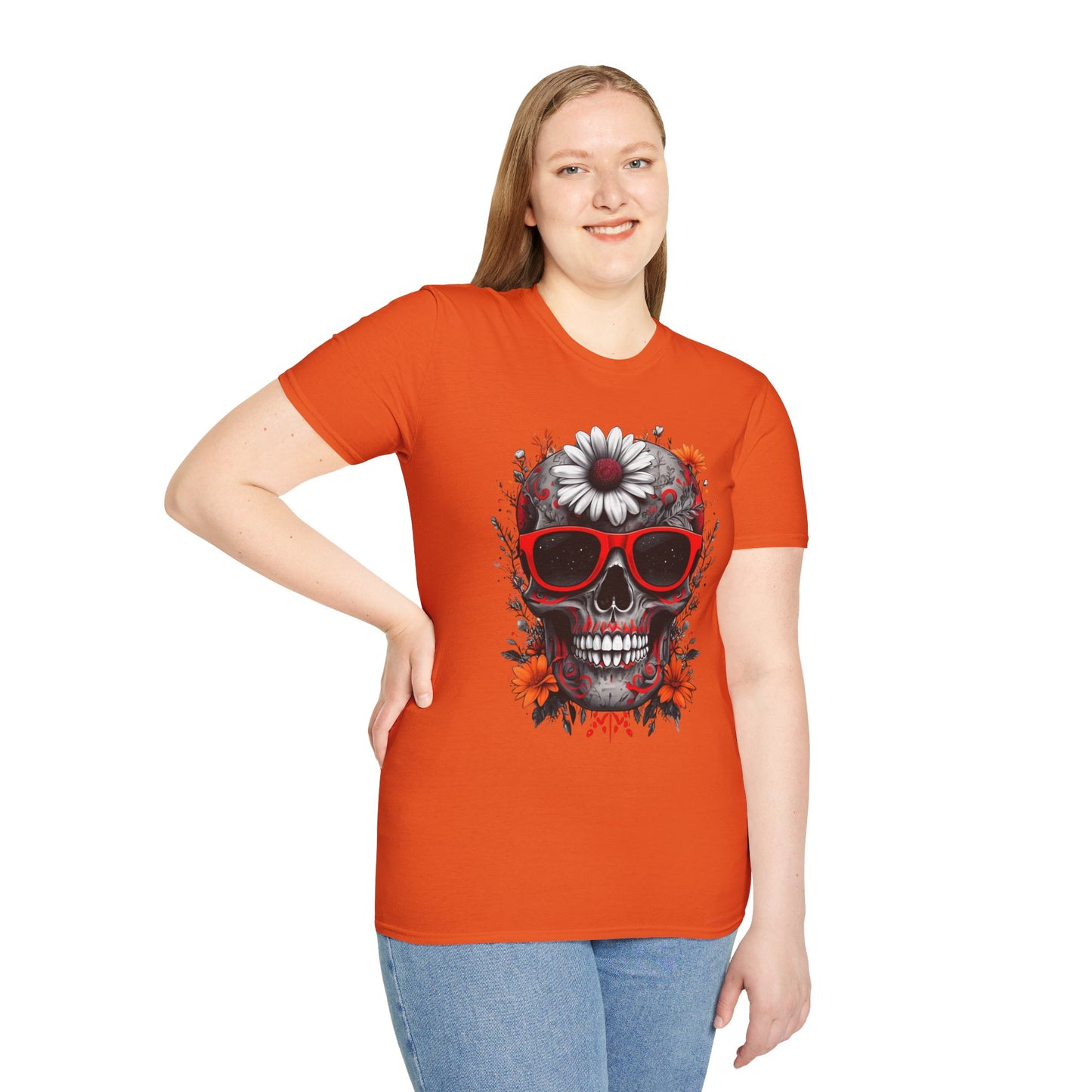 Skull & Flower Graphic T-Shirt, Unisex Casual Tee, Edgy Fashion Wear, Festival Outfit, Gift for Halloween & Day of the Dead