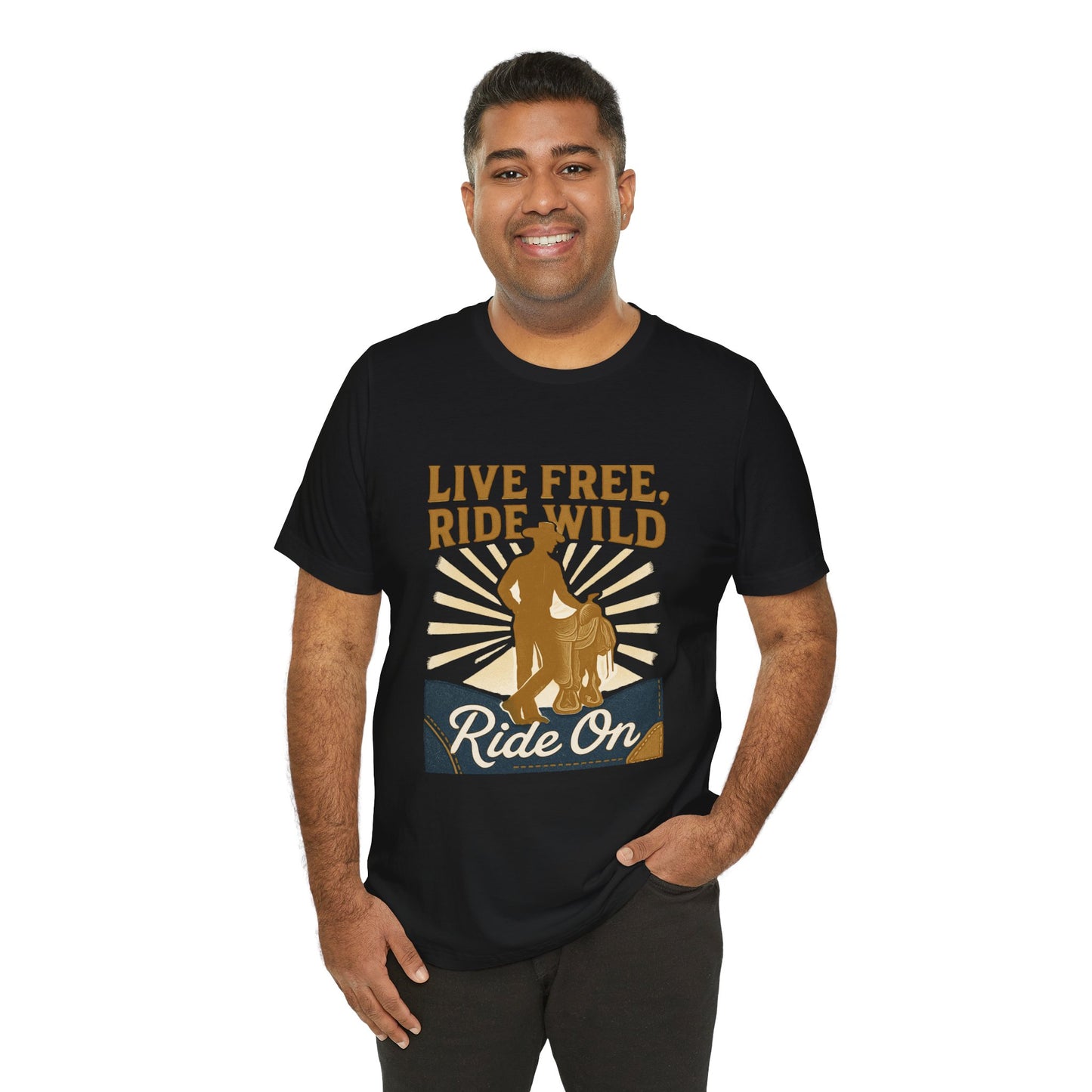 Live Free, Ride Wild Cowboy T‑Shirt — 'Ride On' Western Rodeo Graphic Tee