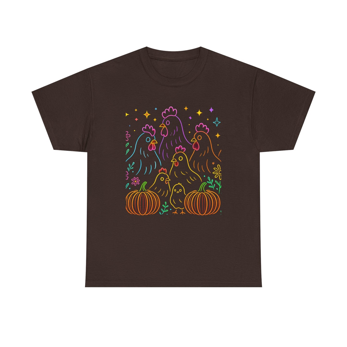 🌻 Autumn Chickens & Pumpkins Tee – Colorful Farm Harvest Shirt
