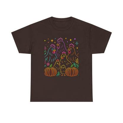 🌻 Autumn Chickens & Pumpkins Tee – Colorful Farm Harvest Shirt
